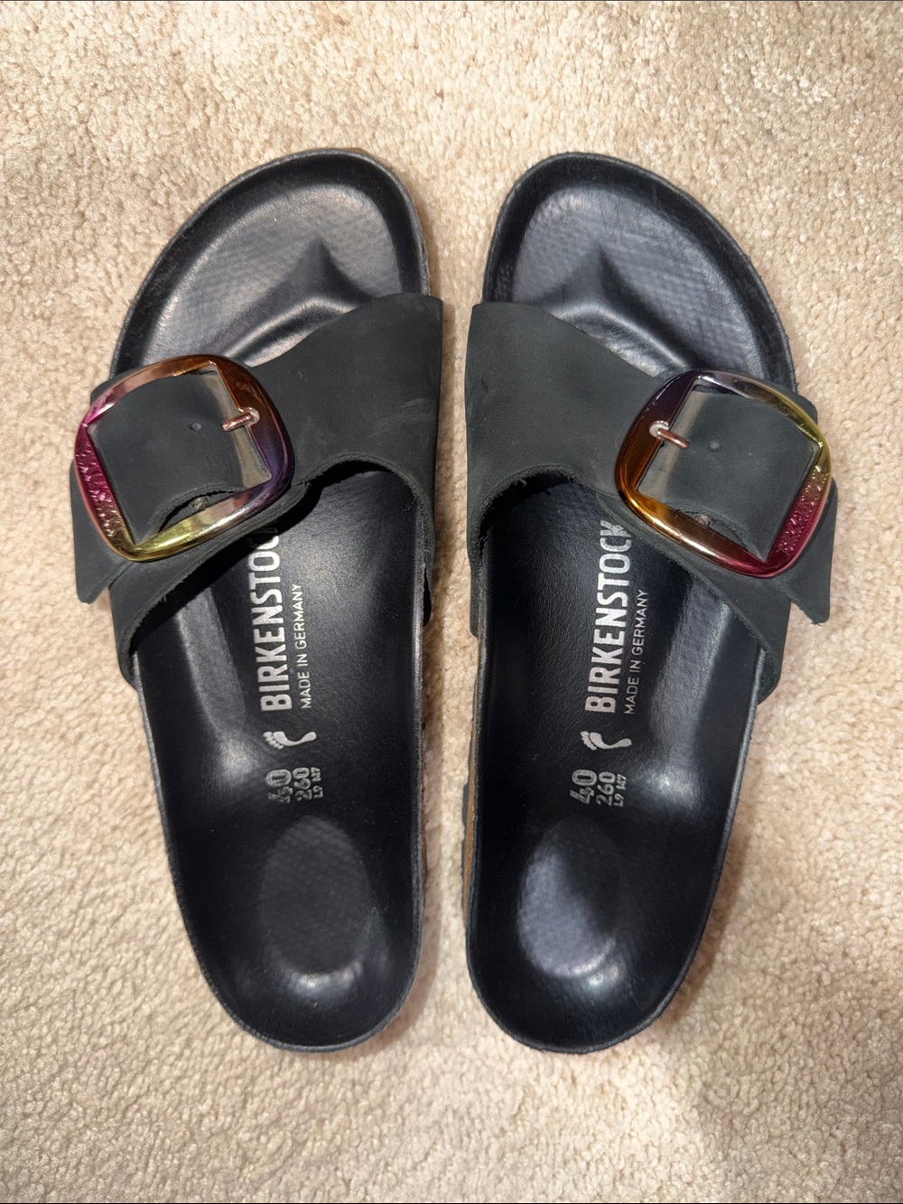 Birkenstock Black Single-Buckle Slide Sandals with Multicolor Buckles 🌈